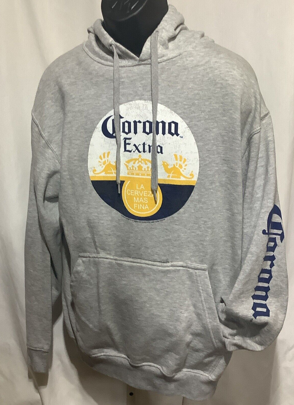 Corona Extra Beer Hoodie Mens Med Gray Graphic Pullover Sweatshirt Hidden Pocket